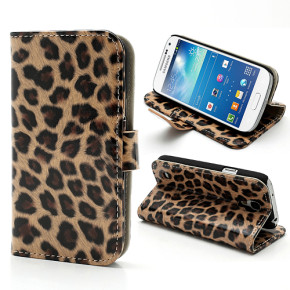 Луксозен кожен калъф тип тефтер с голям клипс за Samsung Galaxy S4 mini I9190 кафяв леопард